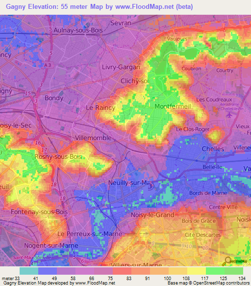 Gagny,France Elevation Map