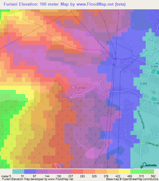 Furiani,France Elevation Map