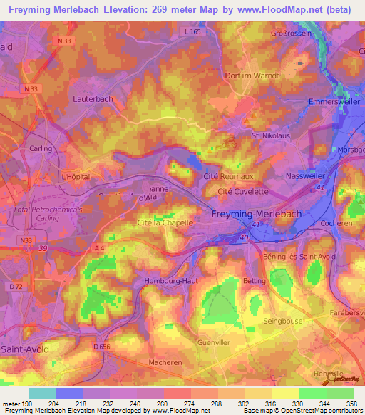 Freyming-Merlebach,France Elevation Map