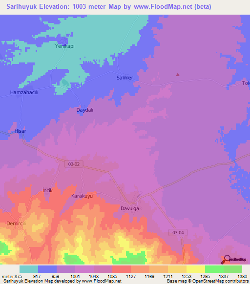 Sarihuyuk,Turkey Elevation Map