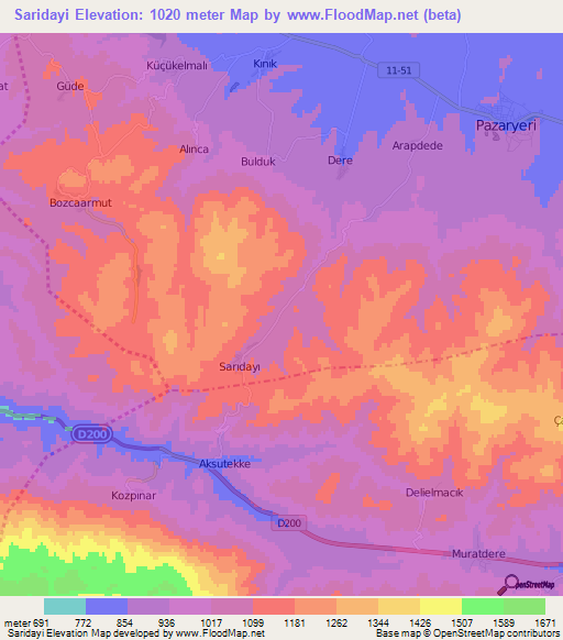 Saridayi,Turkey Elevation Map