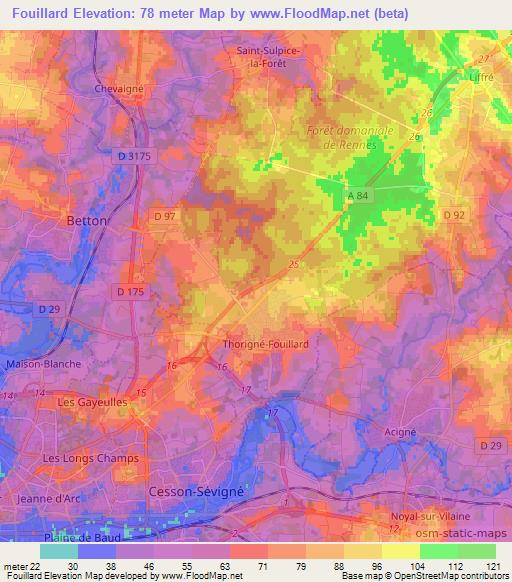 Fouillard,France Elevation Map