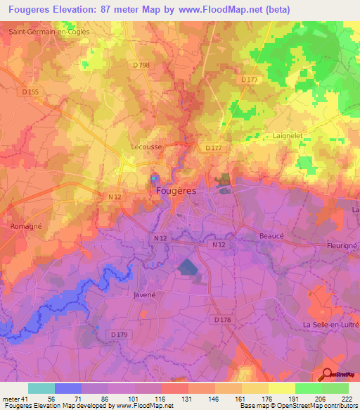 Fougeres,France Elevation Map