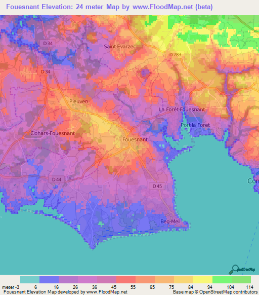 Fouesnant,France Elevation Map