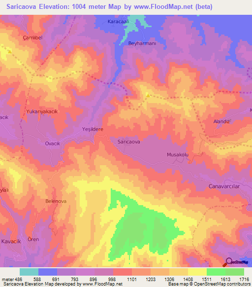 Saricaova,Turkey Elevation Map