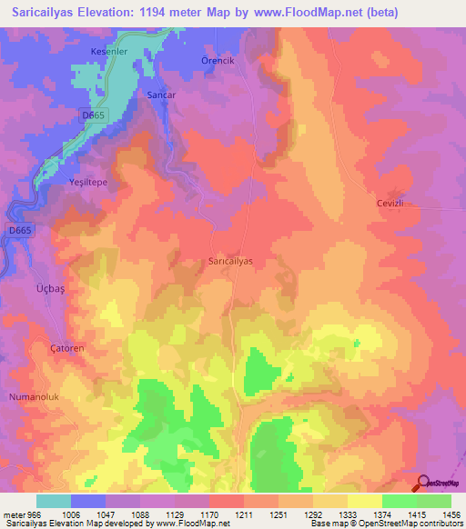 Saricailyas,Turkey Elevation Map