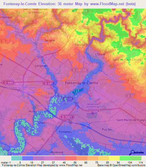 Fontenay-le-Comte,France Elevation Map