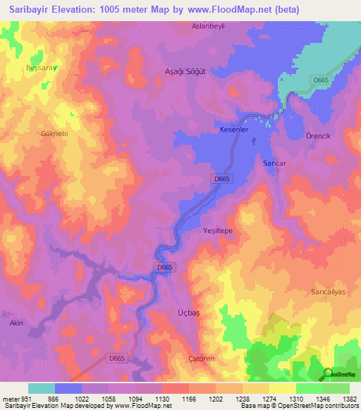 Saribayir,Turkey Elevation Map