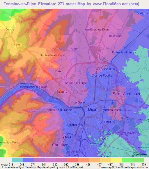 Fontaine-les-Dijon,France Elevation Map