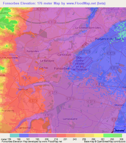 Fonsorbes,France Elevation Map