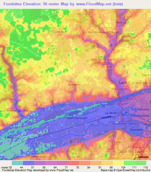 Fondettes,France Elevation Map