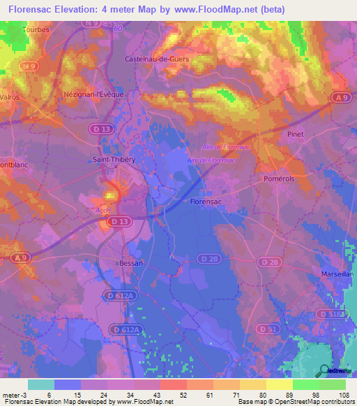 Florensac,France Elevation Map