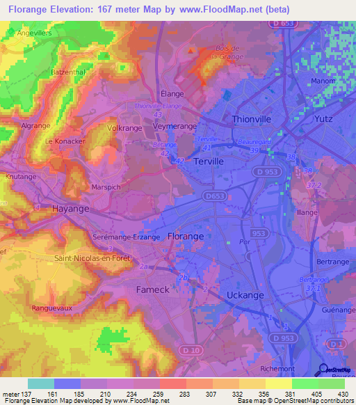 Florange,France Elevation Map