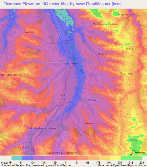 Fleurance,France Elevation Map