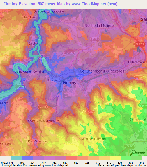 Firminy,France Elevation Map