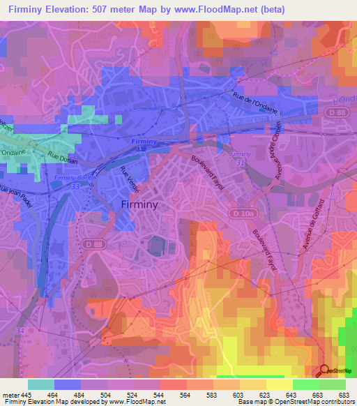 Firminy,France Elevation Map