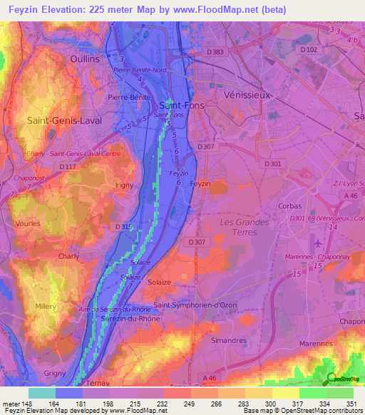 Feyzin,France Elevation Map