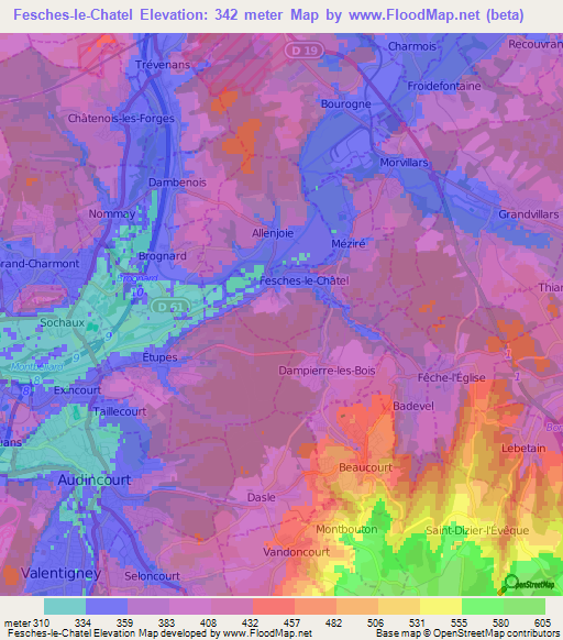 Fesches-le-Chatel,France Elevation Map