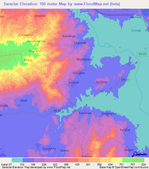 Saraclar,Turkey Elevation Map