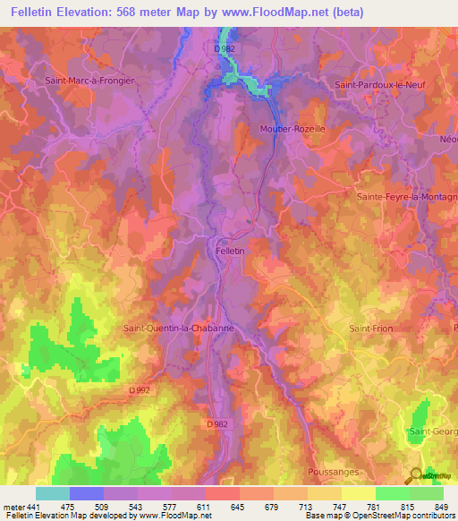 Felletin,France Elevation Map