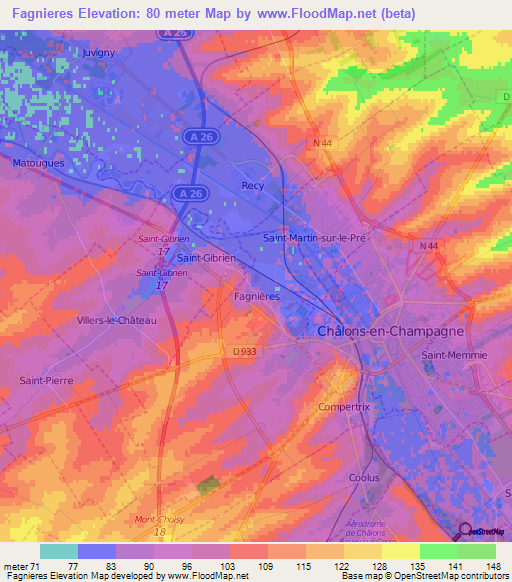 Fagnieres,France Elevation Map