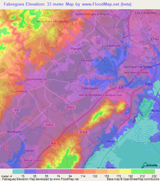 Fabregues,France Elevation Map