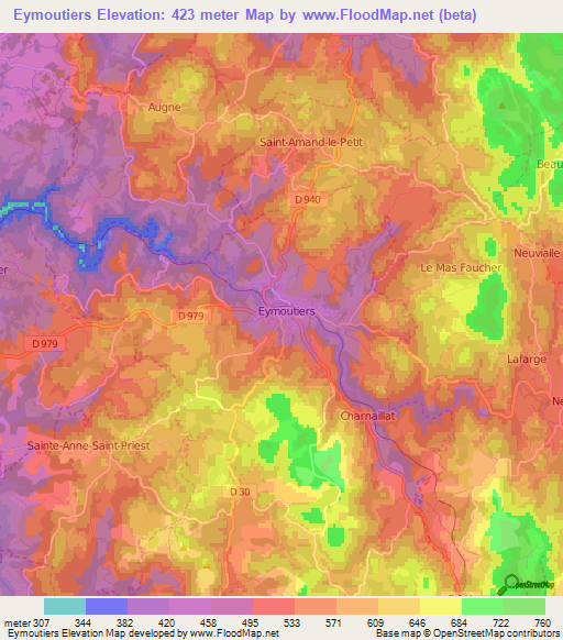 Eymoutiers,France Elevation Map