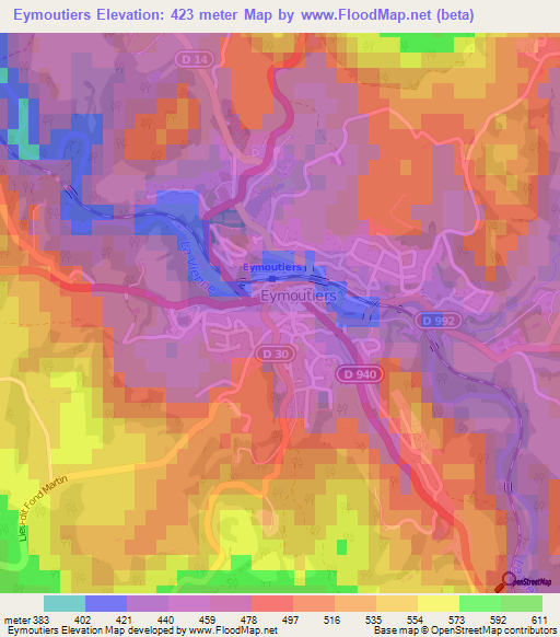 Eymoutiers,France Elevation Map