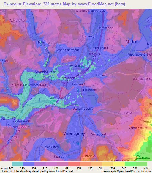 Exincourt,France Elevation Map