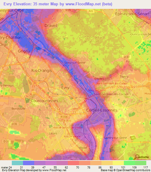 Evry,France Elevation Map