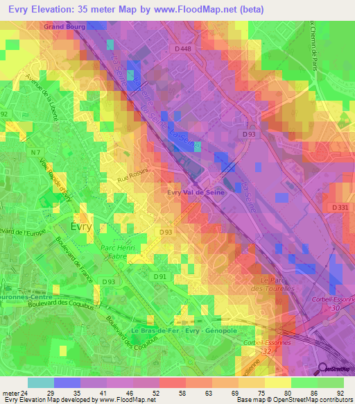 Evry,France Elevation Map