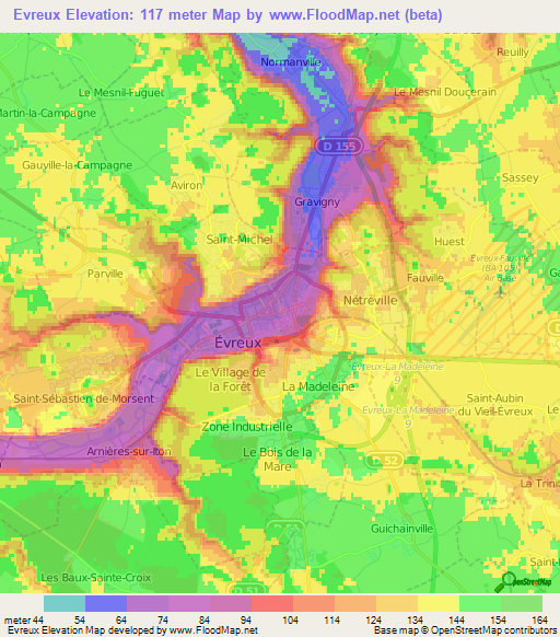 Evreux,France Elevation Map