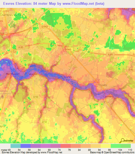 Esvres,France Elevation Map