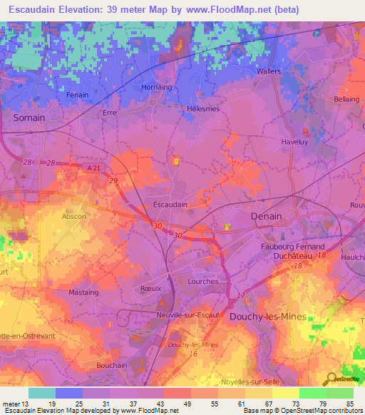 Escaudain,France Elevation Map