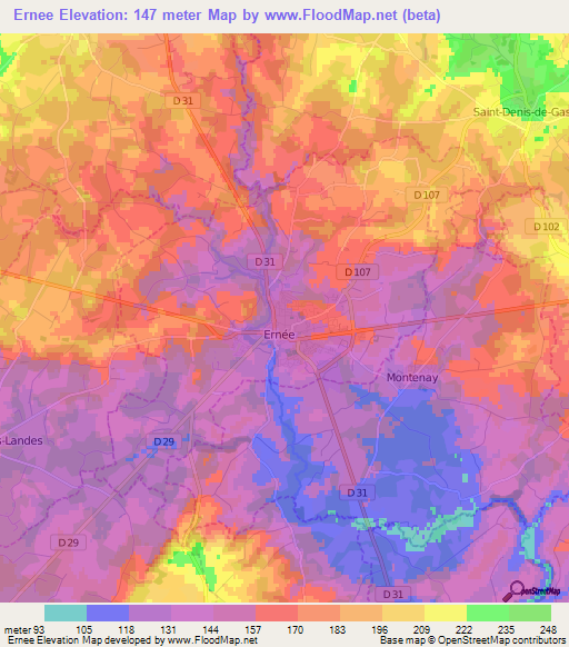 Ernee,France Elevation Map