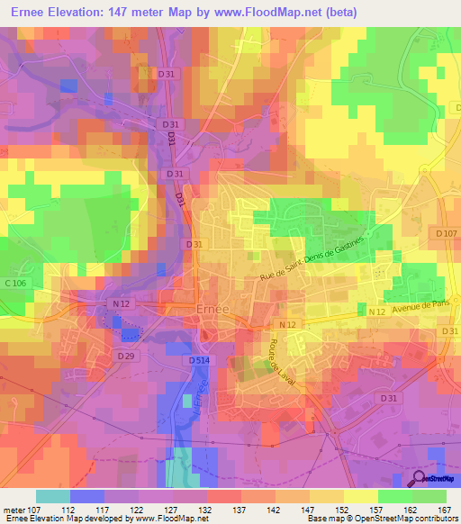 Ernee,France Elevation Map