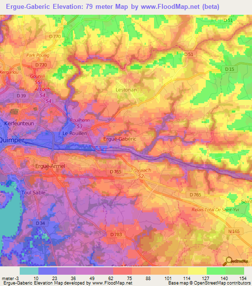 Ergue-Gaberic,France Elevation Map