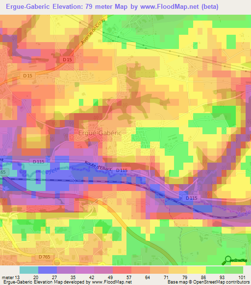 Ergue-Gaberic,France Elevation Map