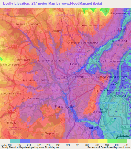 Ecully,France Elevation Map