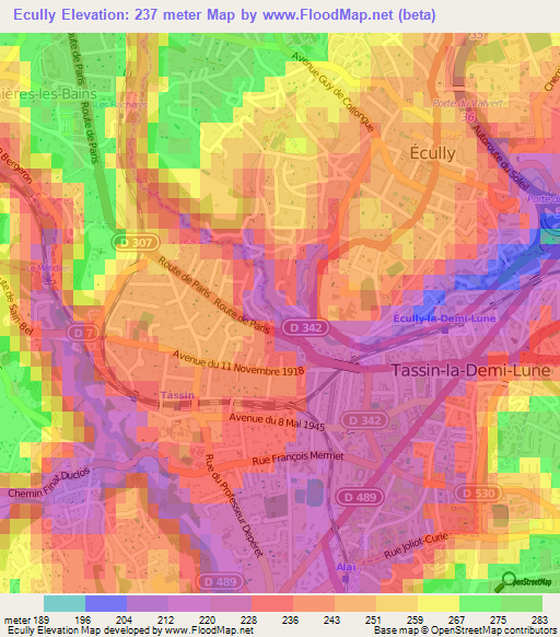 Ecully,France Elevation Map