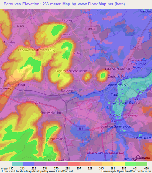 Ecrouves,France Elevation Map