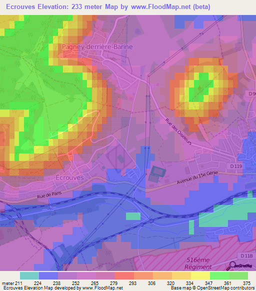 Ecrouves,France Elevation Map