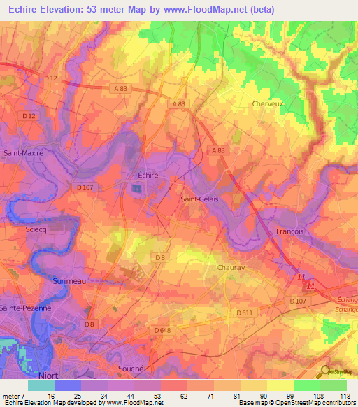 Echire,France Elevation Map