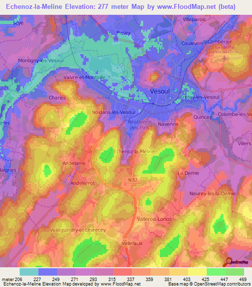 Echenoz-la-Meline,France Elevation Map