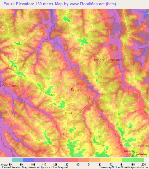 Eauze,France Elevation Map