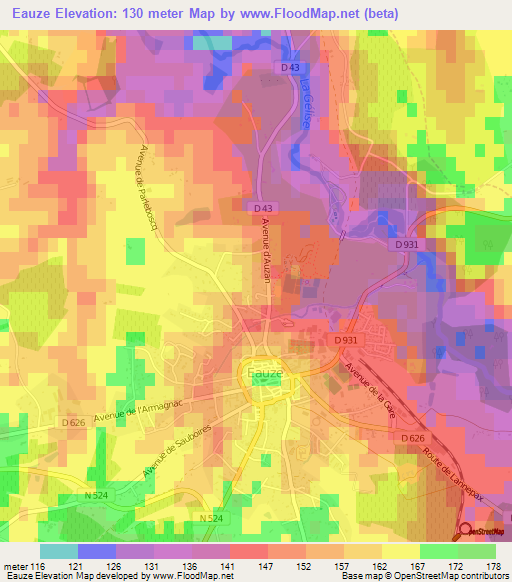 Eauze,France Elevation Map