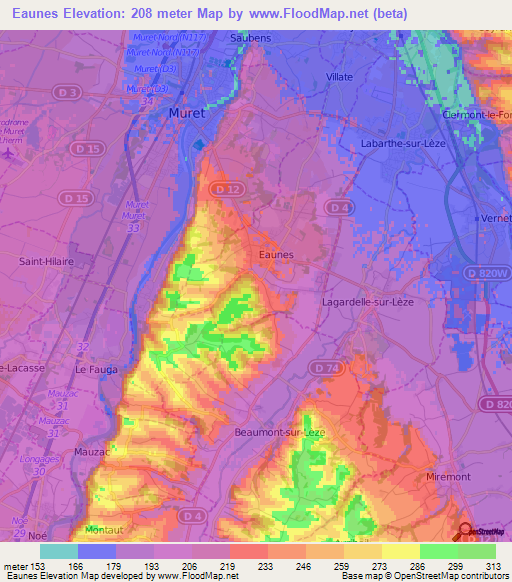 Eaunes,France Elevation Map