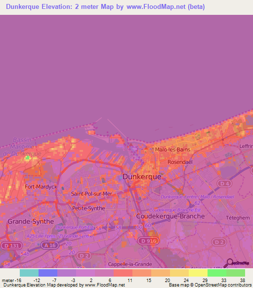 Dunkerque,France Elevation Map