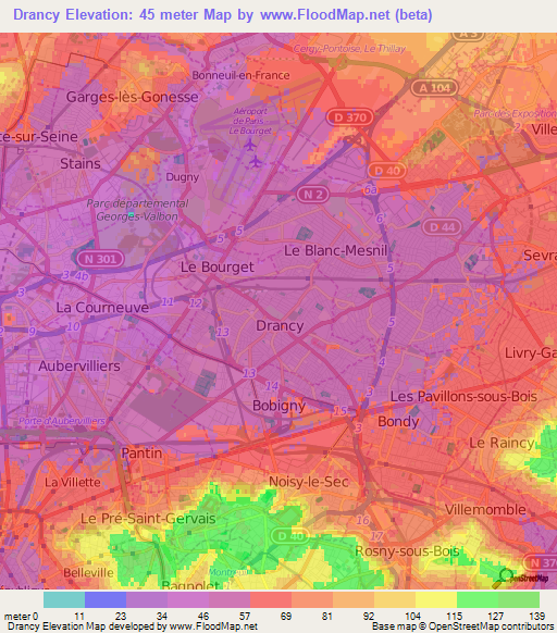 Drancy,France Elevation Map