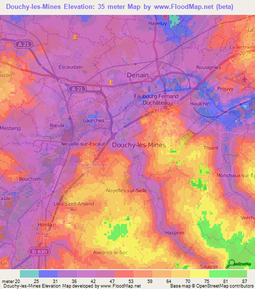 Douchy-les-Mines,France Elevation Map